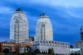 View of multi-storey buildings, skyscrapers and towers of the Dnipro city in the evening, Dnepropetrovsk,