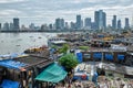 View of Mumbai skyline over slums in Bandra suburb