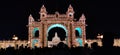 View of the Mysore palace decorated with lights for the festival of Dussehra