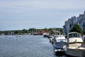 View of Mystic river, Connecticut. The village in Mystic, CT. Summer 2021