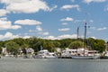 View of the Mystic Seaport with boats and houses, Connecticut Royalty Free Stock Photo