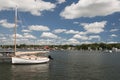 View of the Mystic Seaport with boats and houses, Connecticut Royalty Free Stock Photo