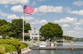 View of the Mystic Seaport with boats and houses, Connecticut Royalty Free Stock Photo
