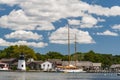 View of the Mystic Seaport with boats and houses, Connecticut Royalty Free Stock Photo