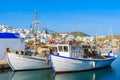 A view of Naoussa port with traditional fishing boats, Paros island, Cyclades, Greece