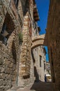 View of narrow alley with old buildings, arch and woman walking in San Gimignano. Royalty Free Stock Photo