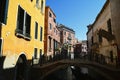 Venice, Italy, October 2021: View of a narrow canal surrounded by old brick houses in Venice. Royalty Free Stock Photo