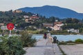 View narrow concrete long pier in Kanoni Corfu Greece, which connects Kanoni and Perama The ideal place for spotting. The planes