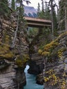 View of narrow gorge with colorful eroded rocks and raging river at Athabasca Falls in Jasper National Park, Alberta, Canada. Royalty Free Stock Photo