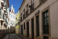 View of a narrow street and buildings with a tower of the Sao Vincente de Fora church on the backrgound, in the historic neighborh