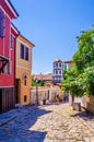 View of a narrow street in the historical part of Bulgarian city Plovdiv