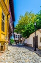 View of a narrow street in the historical part of Bulgarian city Plovdiv