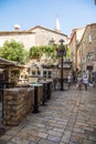 Budva, Montenegro - July, 2019: view narrow street in old district of Budva, Montenegro