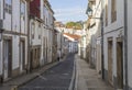 View of a narrow street of Santiago de Compostela, the final destination of the pilgrimage Camino de Santiago, Galicia, Spain.