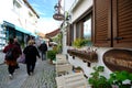 View of narrow street, traditional, old historical houses in famous, touristic Aegean town called `Sigacik`