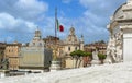 Rome, Italy. Churches, Trajan`s Column and Italian flag - view from Vittorio Emanuele monument Royalty Free Stock Photo