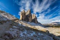 View of the National Park Tre Cime di Lavaredo, Dolomites, South Tyrol. Location Auronzo, Italy, Europe. Dramatic cloudy sky. Royalty Free Stock Photo