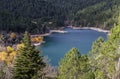 A view of the natural Lake Tsivilu Peloponnesus, Greece and mountains around on a cloudy winter day Royalty Free Stock Photo