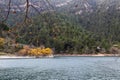 A view of the natural Lake Tsivilu Peloponnesus, Greece and mountains around on a cloudy winter day Royalty Free Stock Photo