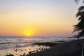 View of natural rocky beach and cliff with palm trees in El Tunco, El Salvador. Stones and rocks on the beach at sunset or sunrise Royalty Free Stock Photo