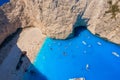 View of Navagio beach, Zakynthos Island, Greece. Aerial landscape. Azure sea water. Rocks and sea. Royalty Free Stock Photo