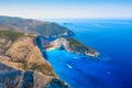 View of Navagio beach, Zakynthos Island, Greece. Aerial landscape. Azure sea water. Rocks and sea. Royalty Free Stock Photo