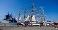 View on navy pier with moored military corvette `Sovershennyy`, sailing ships `Pallada` and `Nadezda` Royalty Free Stock Photo