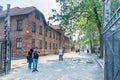 View of Nazi German concentration death camp Auschwitz I through the main gate