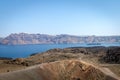 View from Nea kameni in Greece over the island of Oia and Thira. Royalty Free Stock Photo