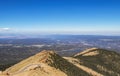 View from near top above the tree line of Pikes Peak Colorado of hairpin curve road with panorama in distance including a lake - s Royalty Free Stock Photo