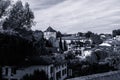 View of a village district black and white version Royalty Free Stock Photo