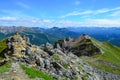 View of Nenana river valley from Mount Healy hike trail with blue sky with white clouds above. Denali National Park and Royalty Free Stock Photo