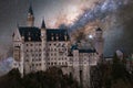 View of Neuschwanstein castle in Bavaria on a beautiful night with stars of winter Royalty Free Stock Photo