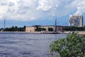 View of the Neva river, a barge with a crane and old residential buildings. Urban landscape. City Of Saint Petersburg. Royalty Free Stock Photo