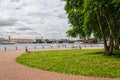 The view on the Neva river, Old Stock Exchange and Dvortsovy bridge from the walls of Peter and Paul fortress. Royalty Free Stock Photo