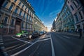 View of the Nevsky Prospekt, Saint-Petersburg, Russia. Fish eye lens creating a super wide angle view