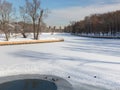 View of new buildings from the Moscow Botanical garden. Ducks sitting on the ice pond. Winter.