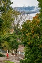 View of the new football stadium. Viewpoint in the historical part of Nizhny Novgorod. View of the famous futbol stadium