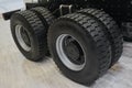 View on new truck wheels and tires on truck chassis. Truck wheel rim. Truck chassis parts details devices equipment. New wheels an
