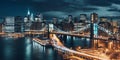 night New York city panoramic , blurred neon light reflection,sea water , starry sky and moon Royalty Free Stock Photo