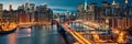 night New York city panoramic , blurred neon light reflection,sea water , starry sky and moon Royalty Free Stock Photo