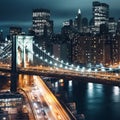 night New York city panoramic , blurred neon light reflection,sea water , starry sky and moon Royalty Free Stock Photo