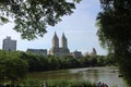 A view of New York from The Lake in Central Park with a casttle Royalty Free Stock Photo