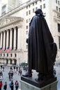 George Washington monument on the steps of Federal Hall and Colonnade of the New York Stock Exchange Royalty Free Stock Photo