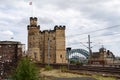 A view of Newcastle Castle and the Tyne Bridge from Central Station, Newcastle upon Tyne, UK.