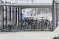 Bicycle shed from the Belgian railways ( nmbs) filled with bicyles. 16 march 2023, Diepenbeek, Belgium.