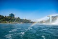 View of Niagara Falls Observation Tower and Rainbow Bridge from the Niagara River with a rainbow Royalty Free Stock Photo