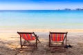 View of the nice tropical empty sandy beach chair Royalty Free Stock Photo