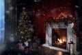 View of nice white christmas decorated fireplace Royalty Free Stock Photo
