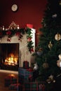 View of nice white christmas decorated fireplace Royalty Free Stock Photo